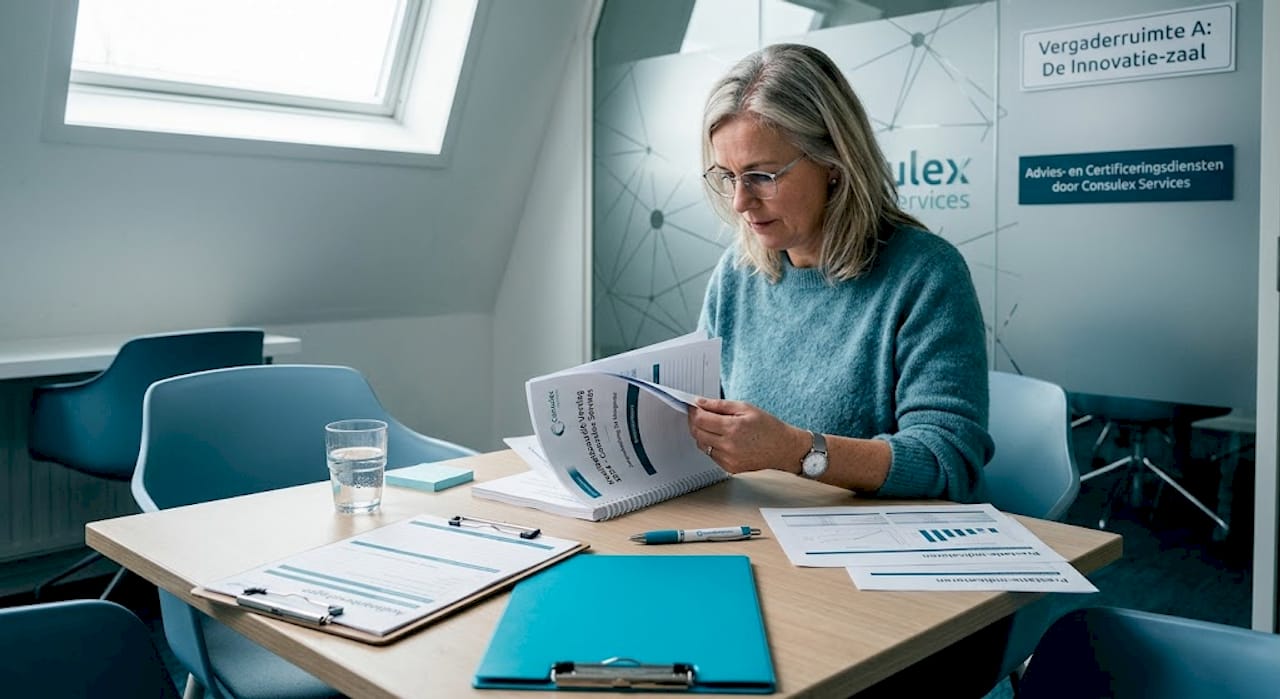 Een kwaliteitsmanager loopt het auditrapport door op het zorgkantoor.