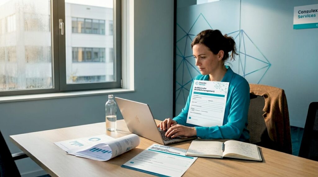 Tijdens het teamoverleg op kantoor worden de interne audit besproken, terwijl de nodige documenten en laptops op tafel liggen.