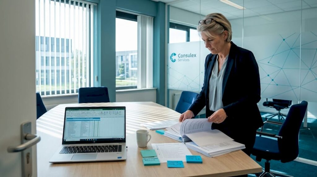 De kwaliteitsmanager neemt op kantoor het beleid nog eens kritisch door.
