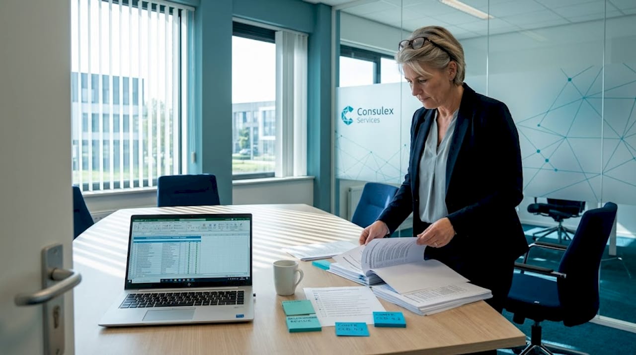 De kwaliteitsmanager neemt op kantoor het beleid nog eens kritisch door.