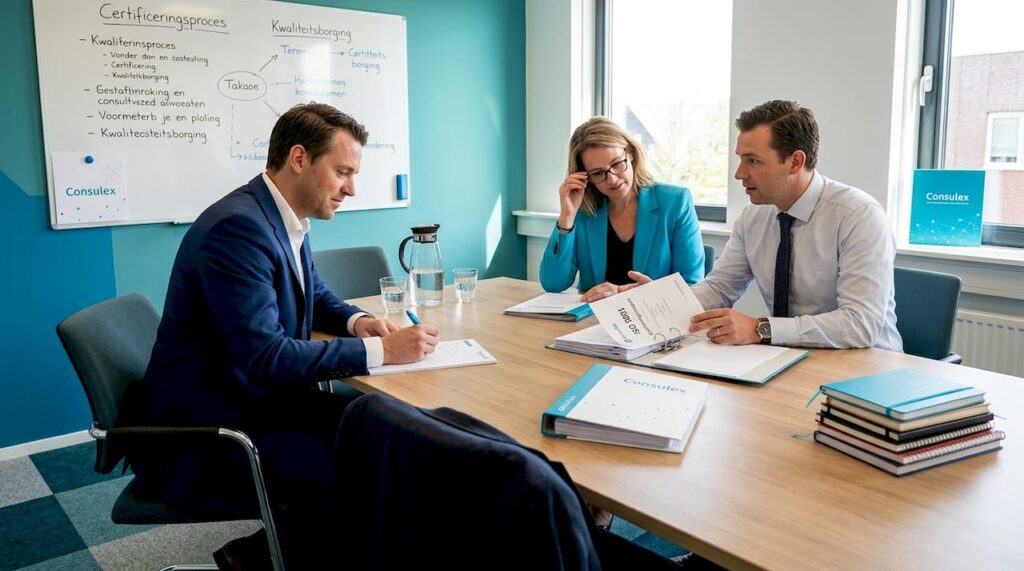 Drie collega’s bespreken samen de kwaliteitsnormen op kantoor.
