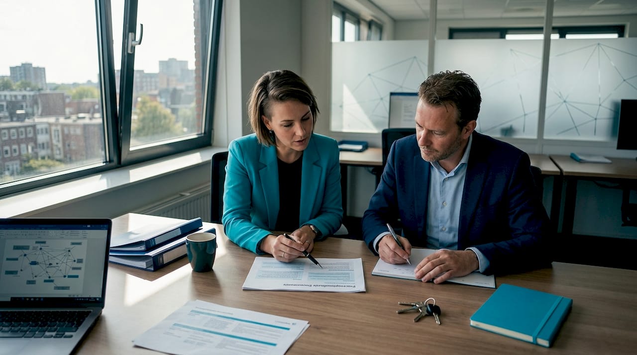 Op kantoor bespreken collega’s samen de documenten.