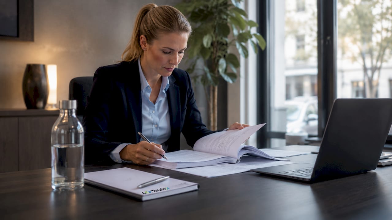 Een vrouwelijke ondernemer loopt de documenten van het kwaliteitshandboek zorgvuldig na.