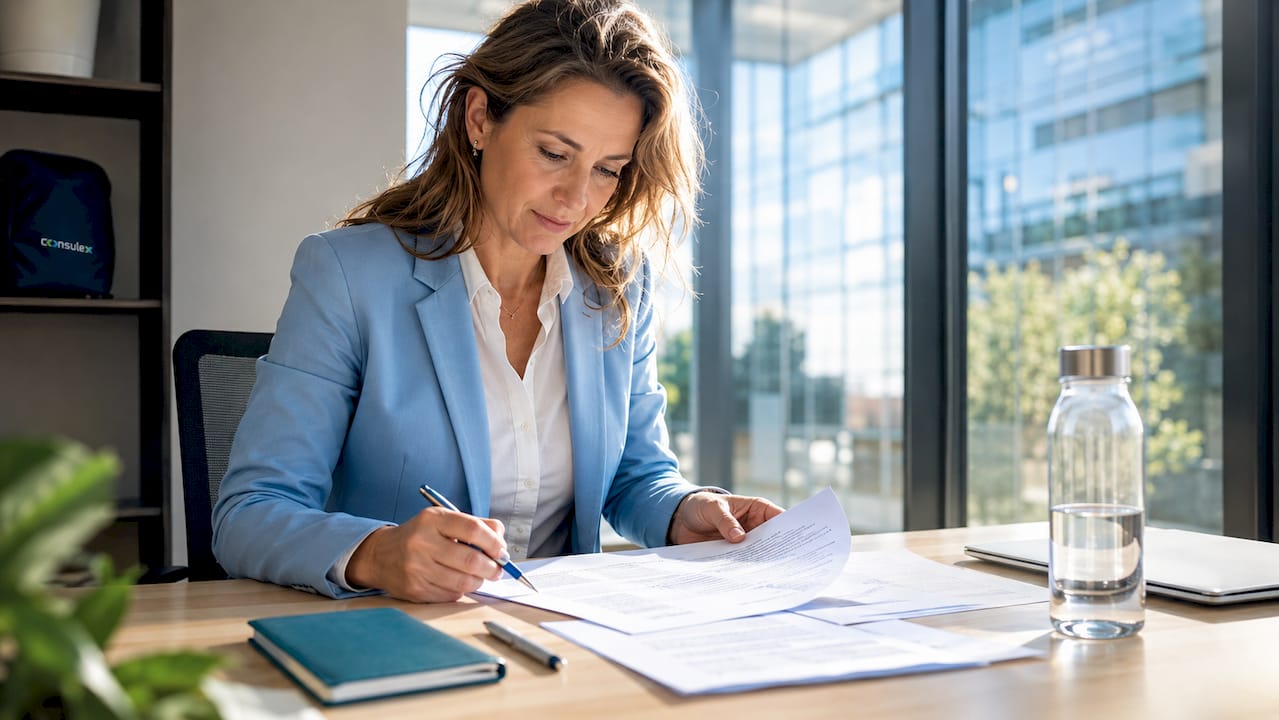 Een vrouwelijke ondernemer loopt de ISO 9001 documenten zorgvuldig na.