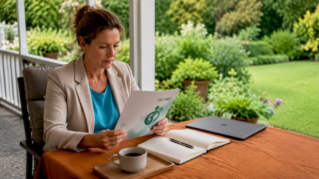 Een zakenvrouw zit aan haar bureau en bestudeert een ISO 14001-certificaat.