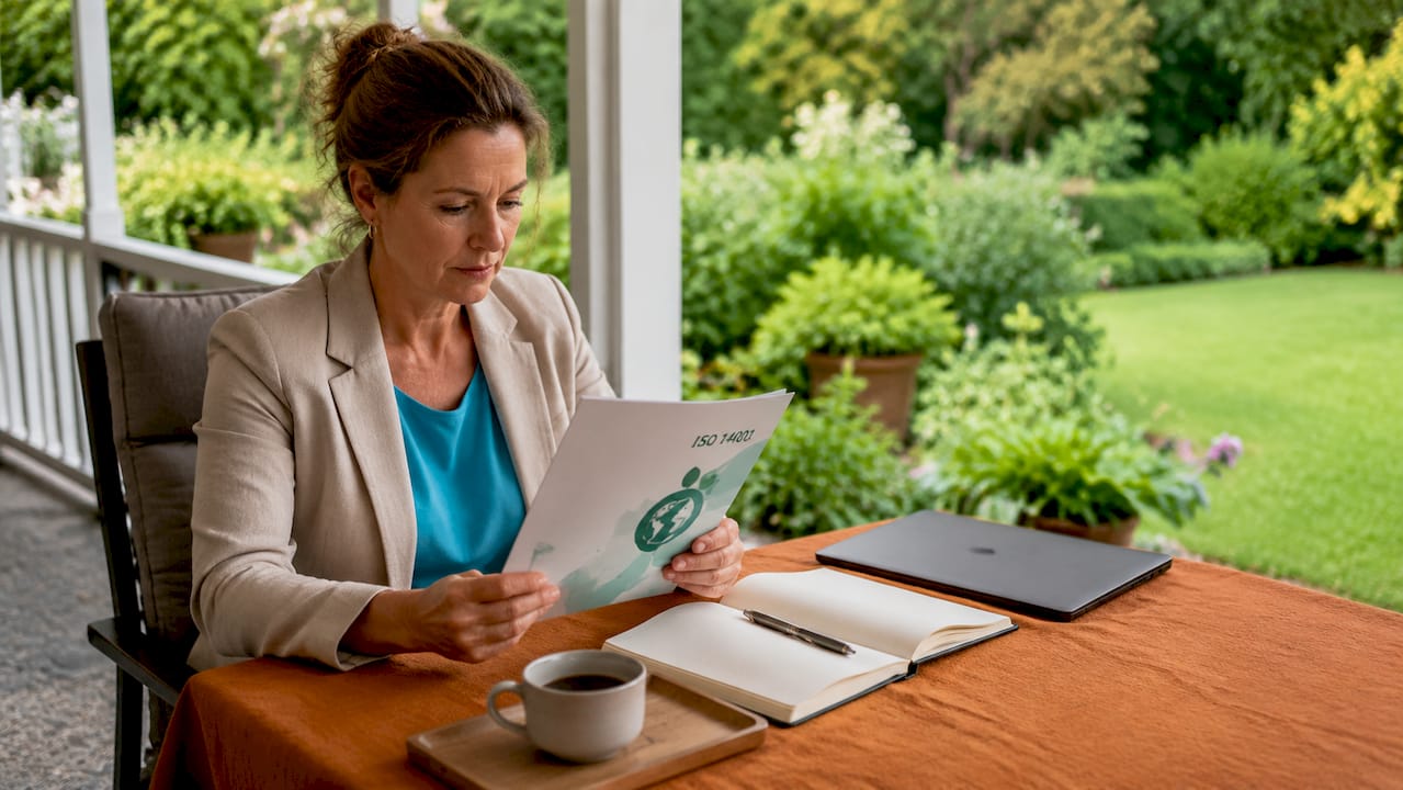 Een zakenvrouw zit aan haar bureau en bestudeert een ISO 14001-certificaat.