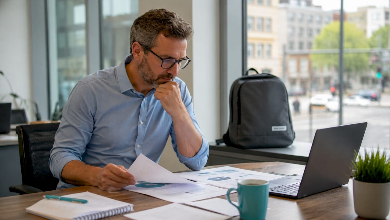 Een man zit aan zijn bureau en bestudeert de ISO 9001 trainingsdocumenten aandachtig.