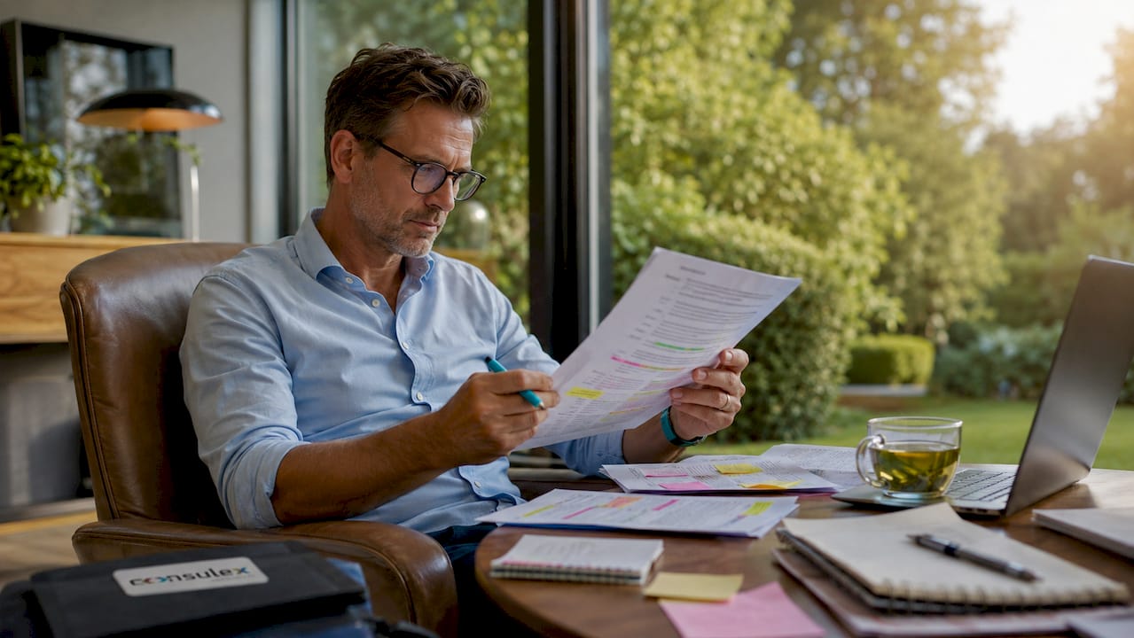 Een man zit aan zijn bureau en bekijkt zorgvuldig de documenten voor NEN 7510-certificering.