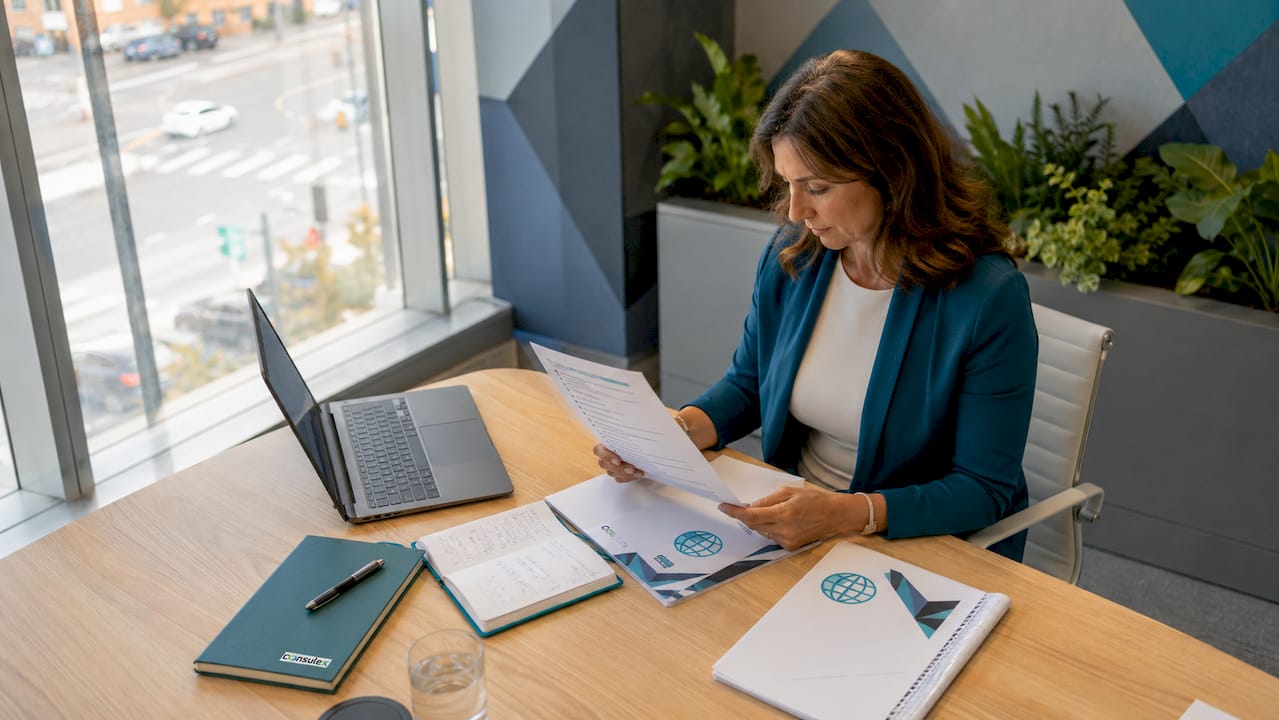 Een vrouwelijke ondernemer neemt de recertificeringspapieren zorgvuldig door.