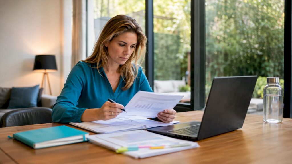 Zakenvrouw stelt documenten op voor de auditworkflow