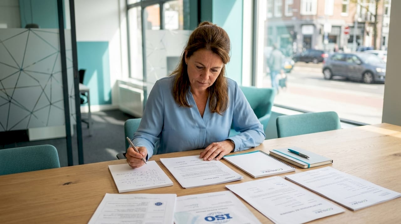 De kwaliteitsmanager loopt de auditrapporten zorgvuldig door.