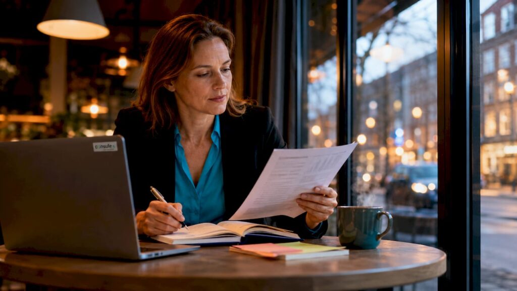 Een vrouw zit aan haar bureau en verdiept zich in het document met kwaliteitseisen.