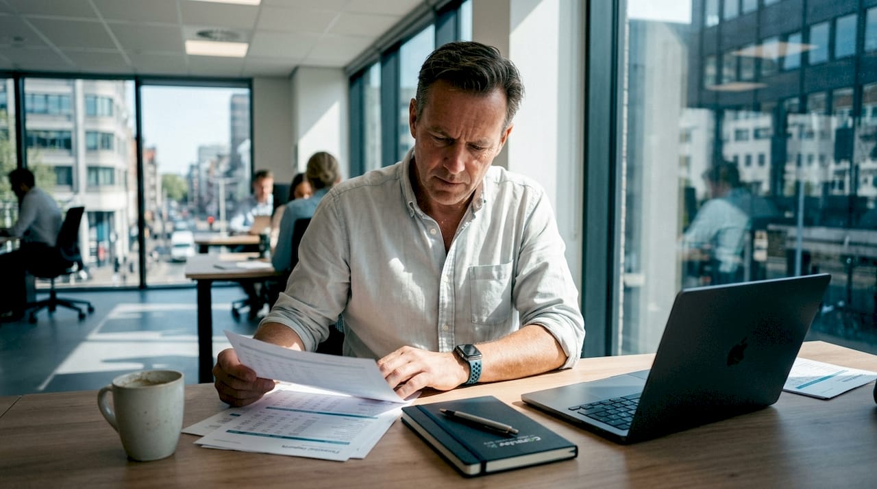 Een accountant buigt zich over de financiële rapporten aan zijn bureau.