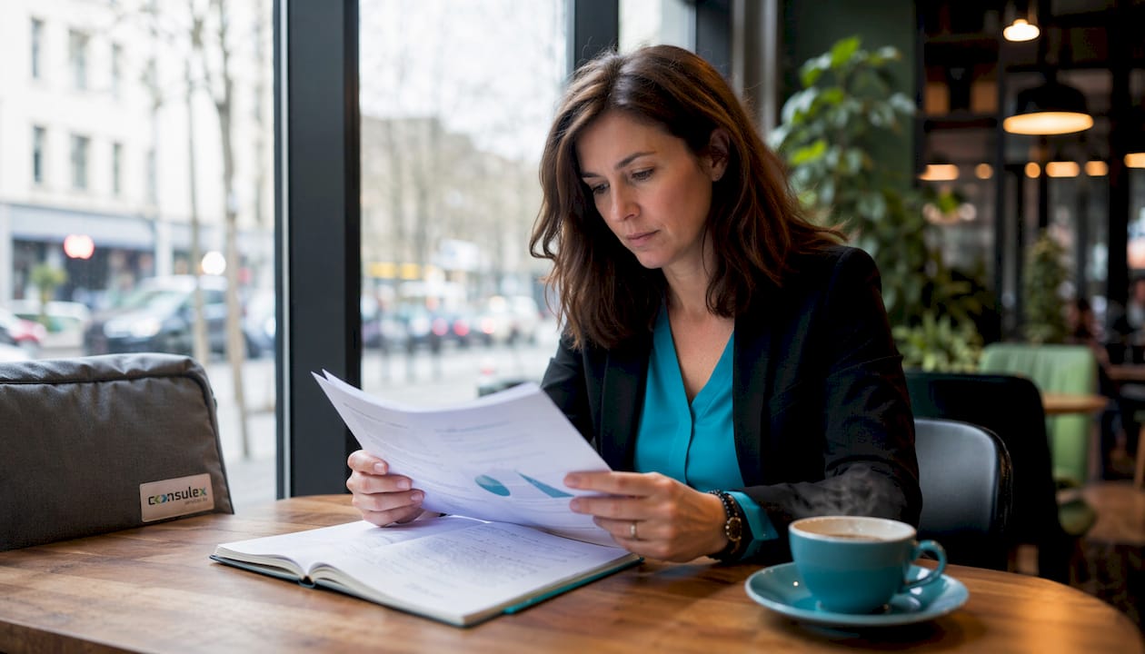 Een vrouw bekijkt aandachtig het ISO-rapport over klanttevredenheid.