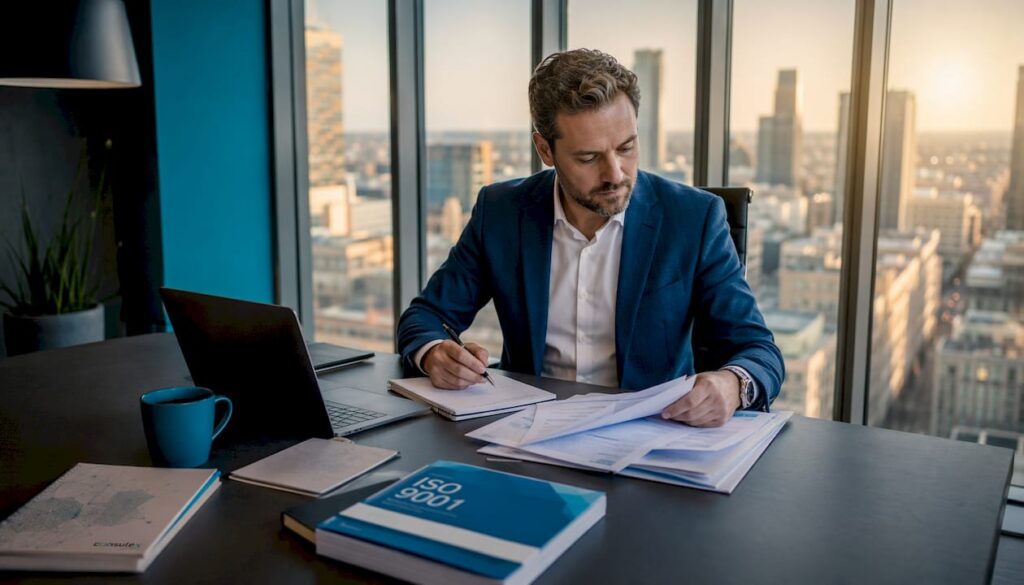 Een adviseur bekijkt en beoordeelt ISO 9001-documenten op kantoor.