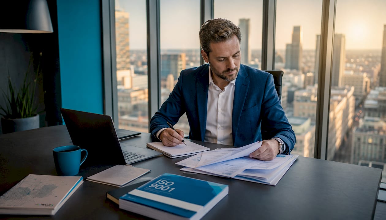 Een adviseur bekijkt en beoordeelt ISO 9001-documenten op kantoor.