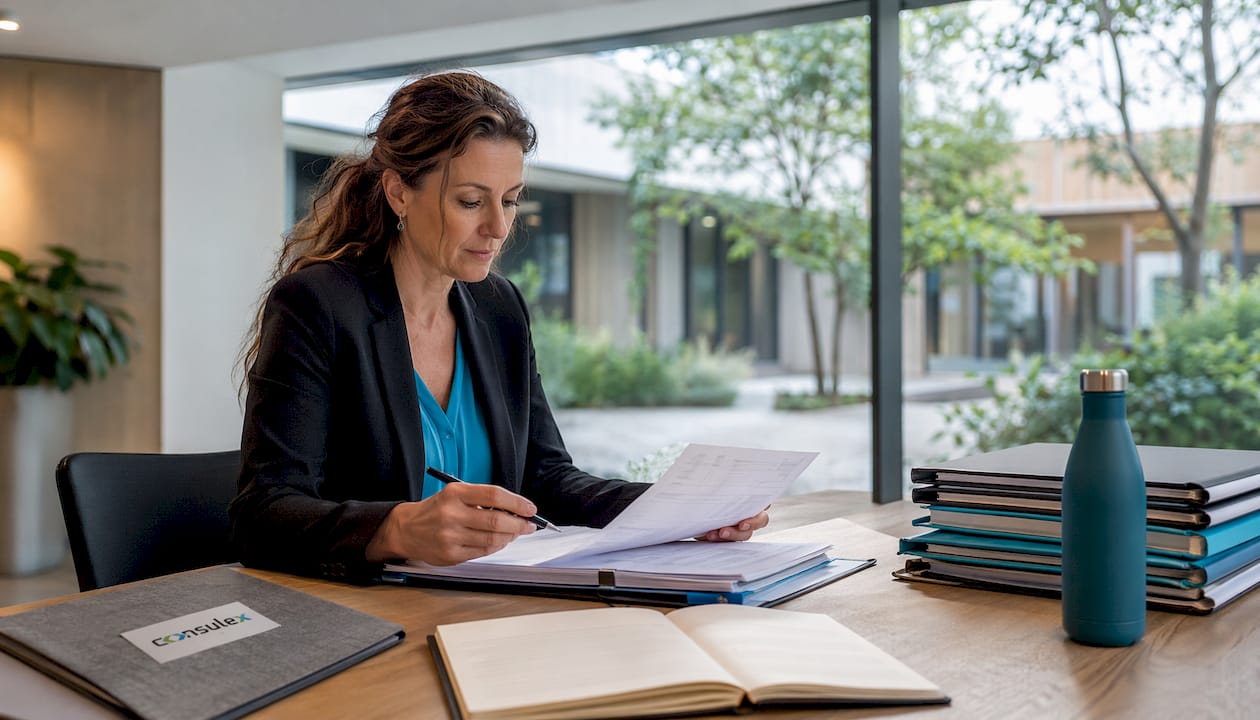 Een compliance officer loopt de checklist van het product zorgvuldig na.