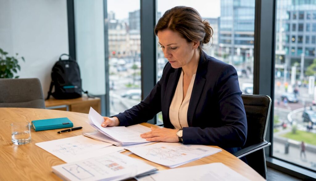 Een vrouwelijke auditor neemt de procesdocumenten zorgvuldig door.
