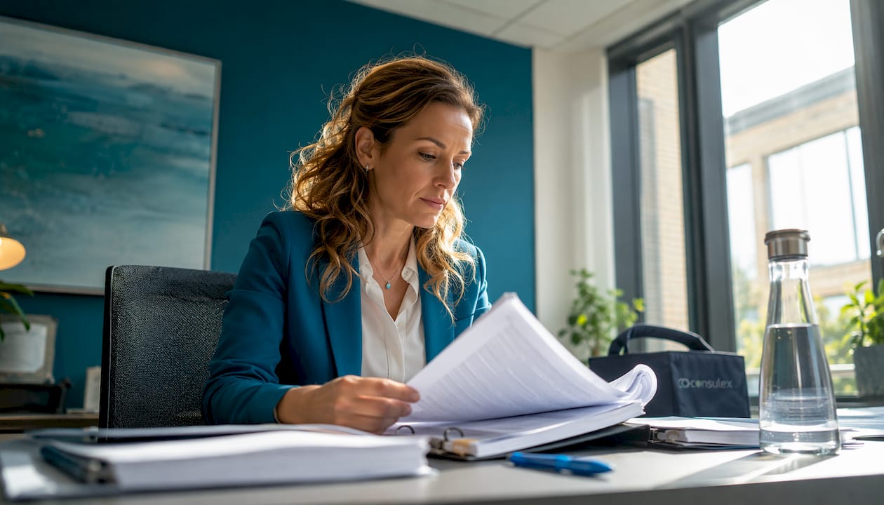 Een vrouw bekijkt aan de eettafel aandachtig een ISO 9001-document.