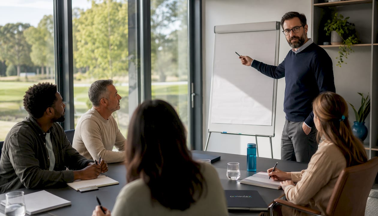 Een trainer begeleidt een sessie waarin het team zich voorbereidt op de audit.