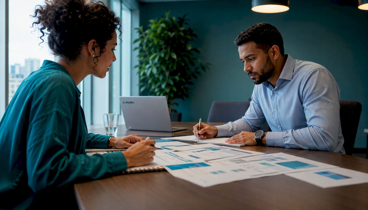 Twee collega's die tijdens een overleg verschillende soorten audits bespreken.